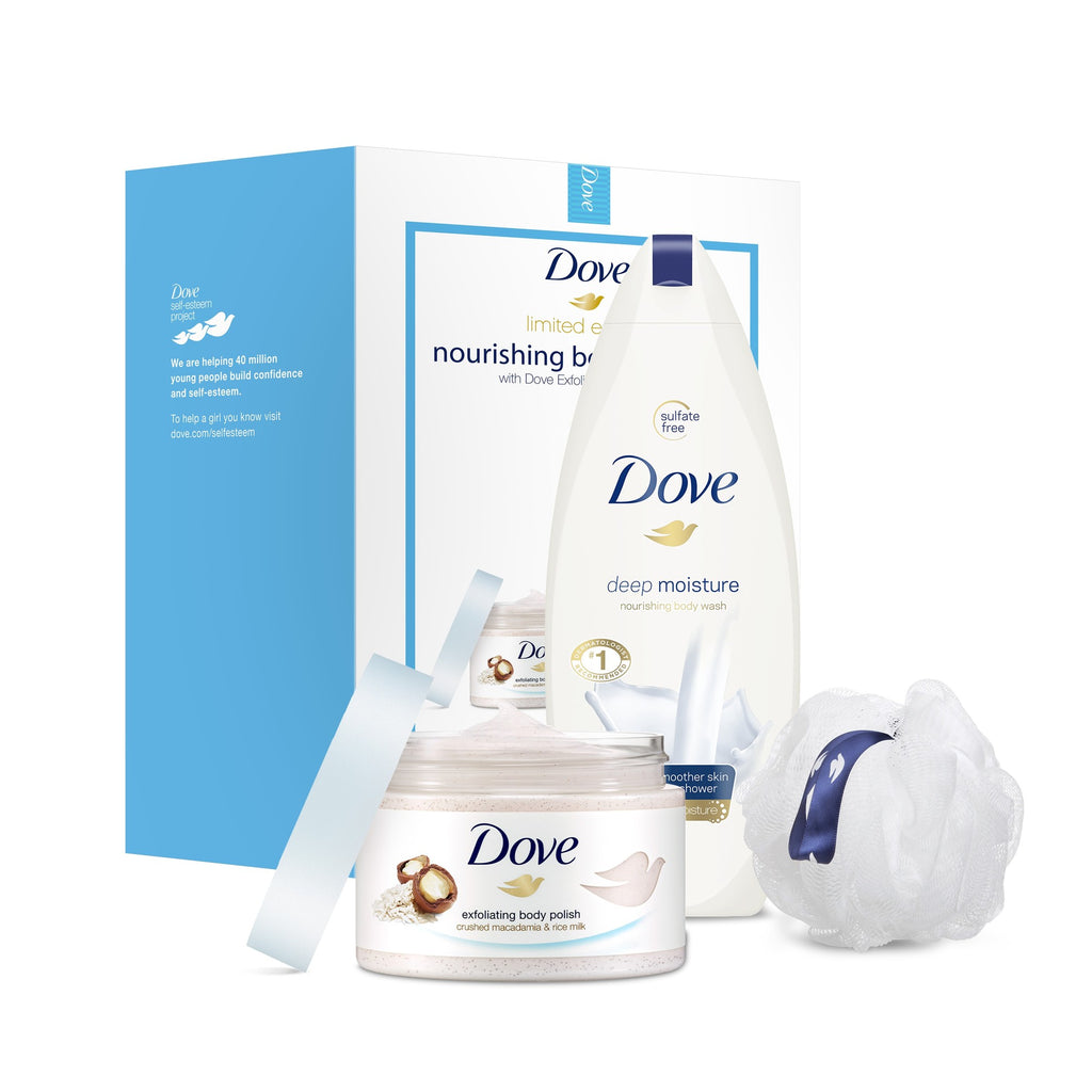 Dove 3-Pc Beauty Gift Set Macadamia & Deep Moisture with BONUS Pouf (Body Polish  Body Wash)