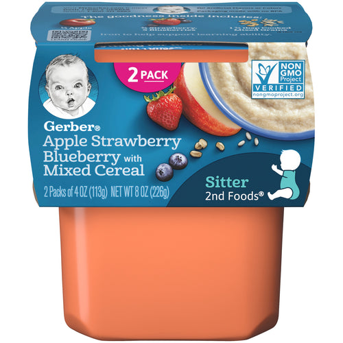 (Pack of 8) Gerber 2nd Foods Baby Food, Apple Strawberry Blueberry with Mixed Cereal, 2-4 Oz Tubs