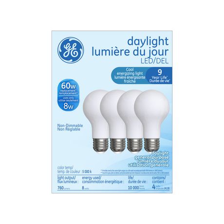 GE Lighting Canada General Electric 8W LED A19 Daylight Glass Light Bulb Daylight
