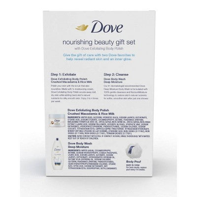 Dove 3-Pc Beauty Gift Set Macadamia & Deep Moisture with BONUS Pouf (Body Polish  Body Wash)