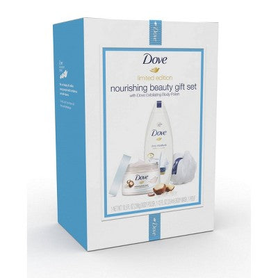 Dove 3-Pc Beauty Gift Set Macadamia & Deep Moisture with BONUS Pouf (Body Polish  Body Wash)
