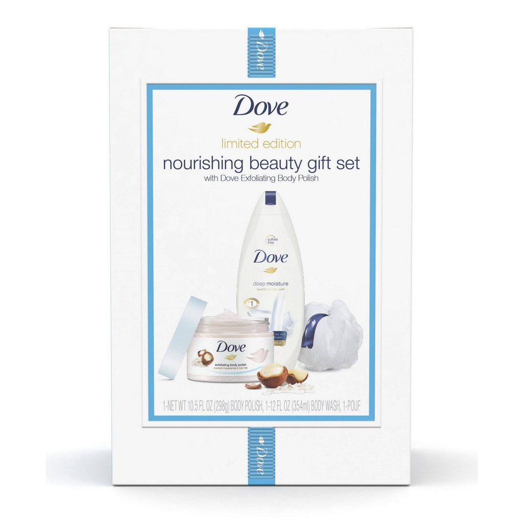 Dove 3-Pc Beauty Gift Set Macadamia & Deep Moisture with BONUS Pouf (Body Polish  Body Wash)