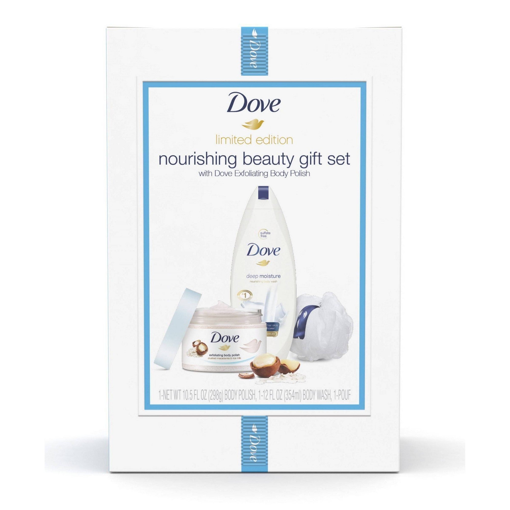 Dove 3-Pc Beauty Gift Set Macadamia & Deep Moisture with BONUS Pouf (Body Polish  Body Wash)