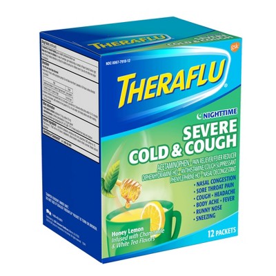 Theraflu Nighttime Severe Cold & Cough Relief Powder - Acetaminophen - Honey Lemon with Chamomile & White - 12ct