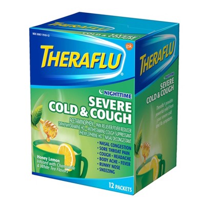 Theraflu Nighttime Severe Cold & Cough Relief Powder - Acetaminophen - Honey Lemon with Chamomile & White - 12ct