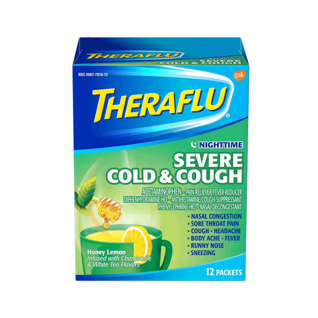 Theraflu Nighttime Severe Cold & Cough Relief Powder - Acetaminophen - Honey Lemon with Chamomile & White - 12ct