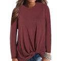 Women S Hem Knot Round Neck Solid Color Long Sleeve Casual Top T-shirt -Red
