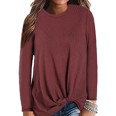 Women S Hem Knot Round Neck Solid Color Long Sleeve Casual Top T-shirt -Red