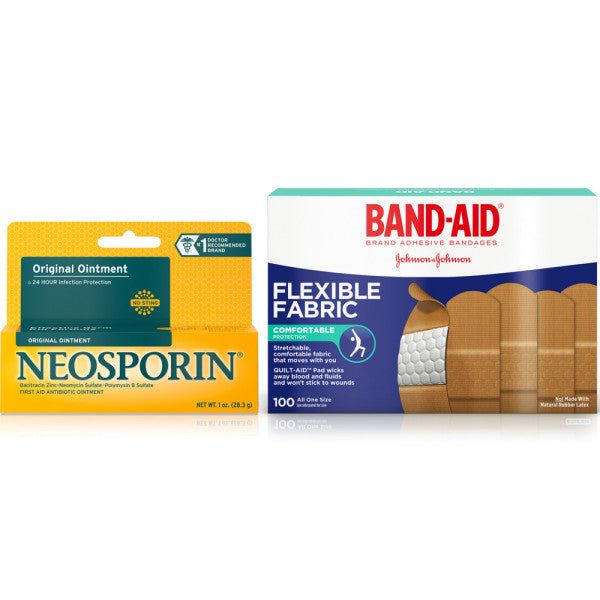 Band Aid Brand Flexible Fabric Adhesive Bandages for Minor Wound Care 100 Ea & Neosporin Original Ointment for 24-Hour I