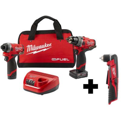 Milwaukee M12 FUEL 12V Li-Ion Brushless Cordless Hammer Drill and Impact Driver Combo Kit(2-Tool) with M12 Right Angle Drill