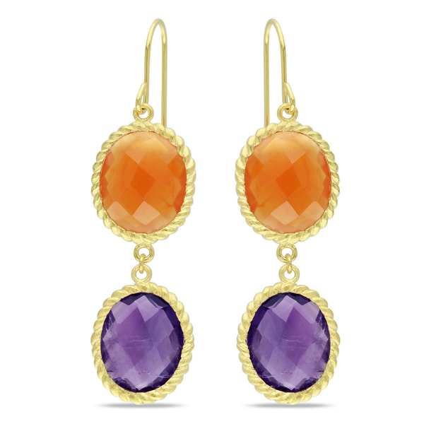 Miadora Yellow Gold Plated Silver Amethyst and Carnelian Dangle Earrings