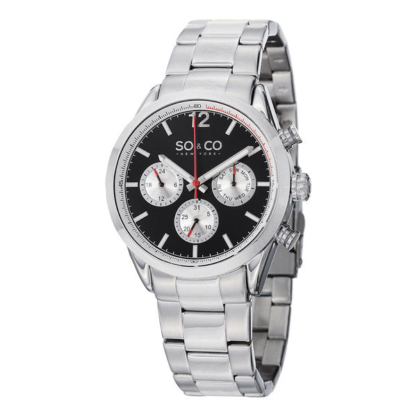 SO&CO New York Men's Monticello Black/Silvertone Stainless Steel Link Bracelet Watch