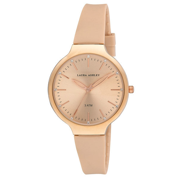 Laura Ashley Women's Rose Gold Water Resistant Sunray Dial Soft Silicone Band Watch