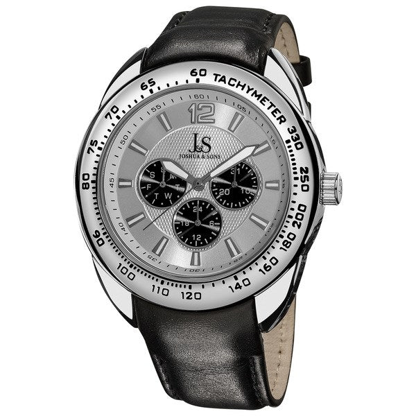 Joshua & Sons Men's Multifunction Tachymeter Silver-Tone-Bezel Leather-Strap Watch (Silver-tone)