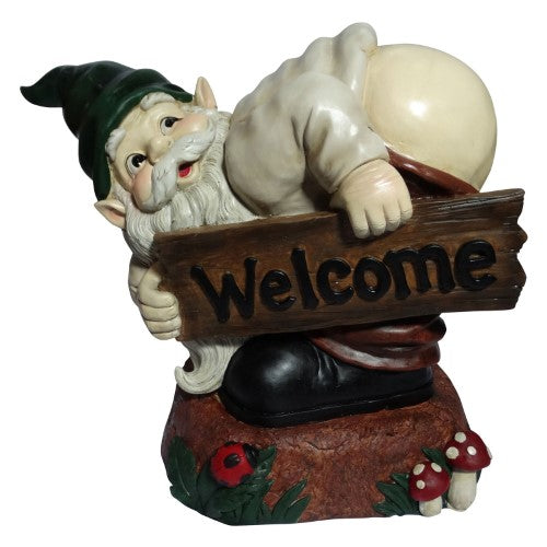 Alpine Mooning Gnome with 'Welcome' Wood Sign Statue, 22 Inch Tall