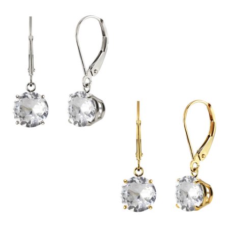 10k White Gold or Yellow Gold 8mm Round Genuine White Topaz Leverback Dangle Earrings (White - White)