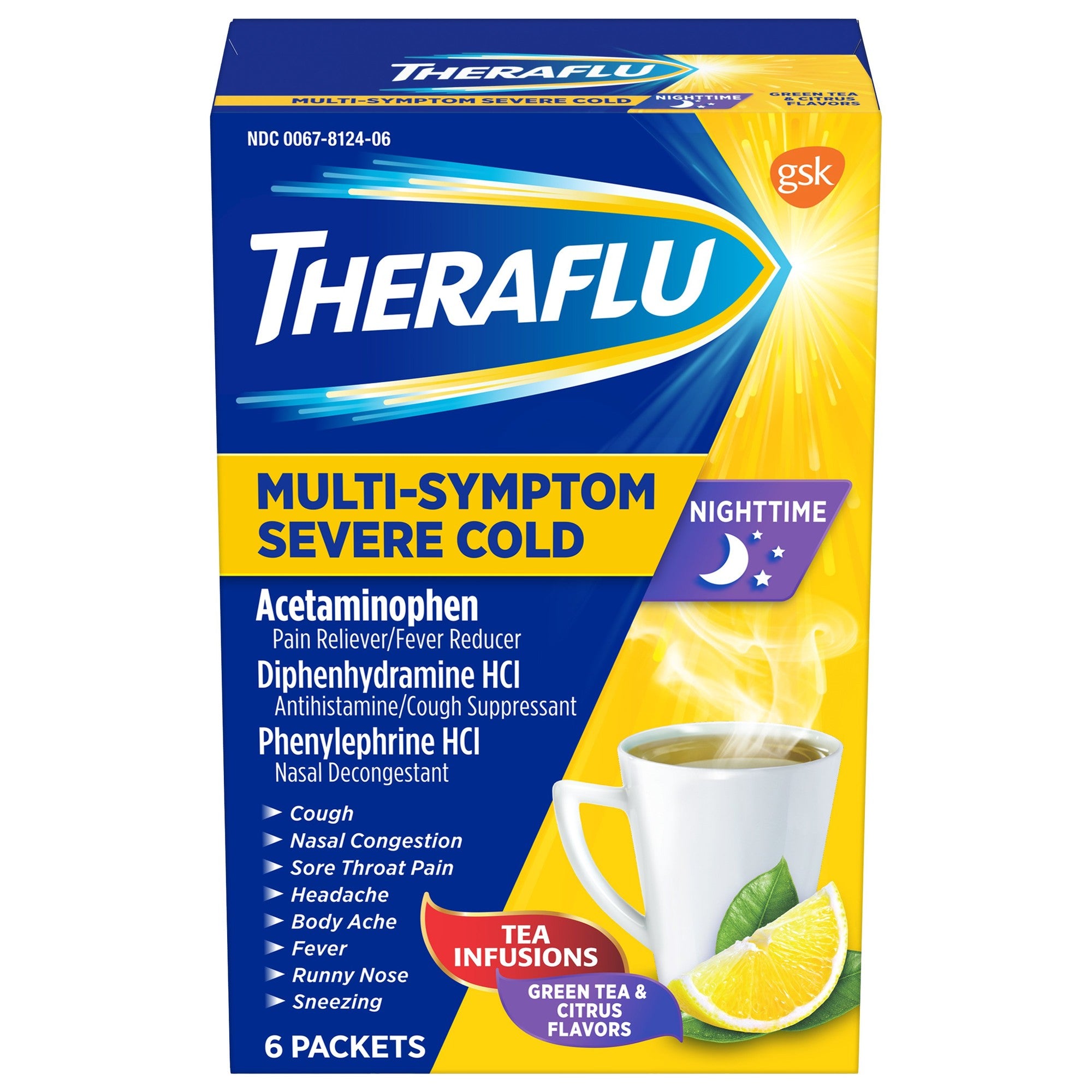 Theraflu Severe Cough Cold and Flu Nighttime Relief Medicine Powder  Green Tea and Citrus  6 Count