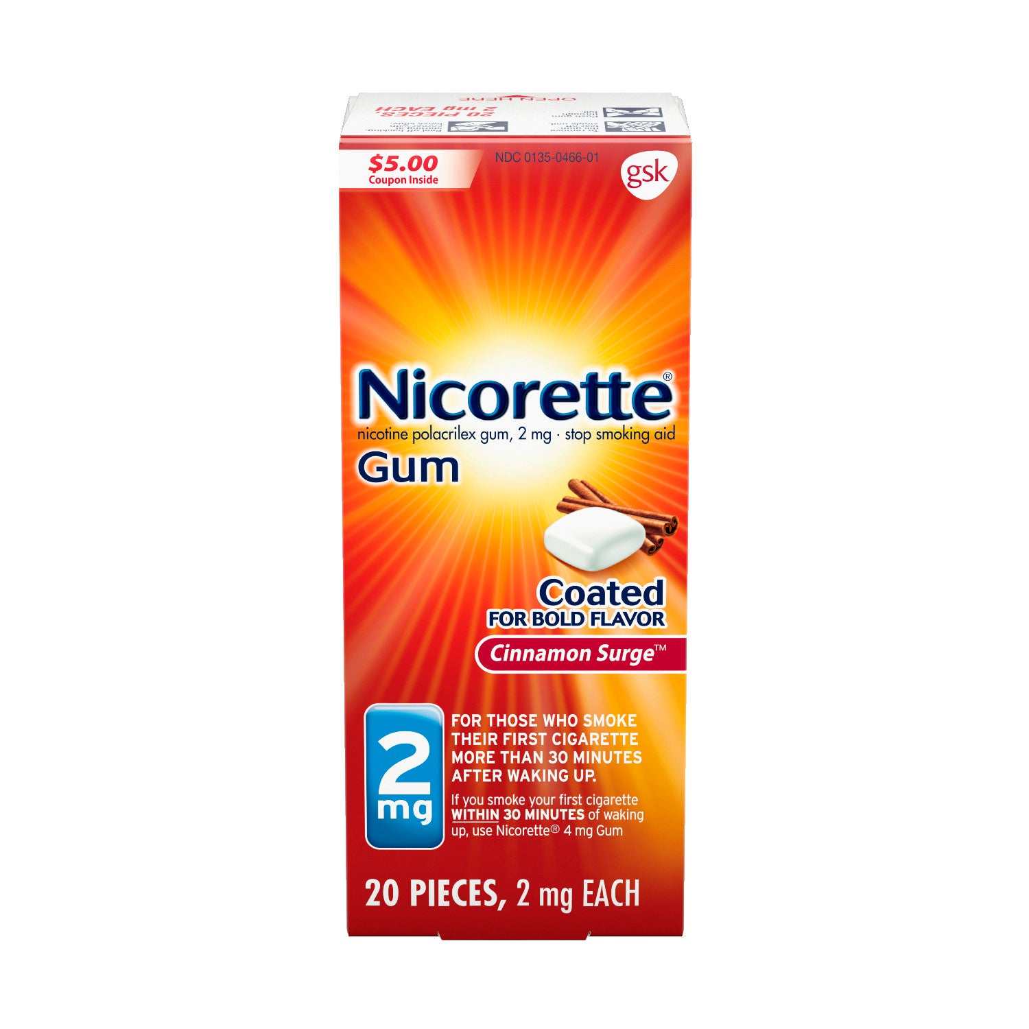 Nicorette Nicotine Gum, Stop Smoking Aid, 2 Mg, Cinnamon Surge Flavor, 20 Count