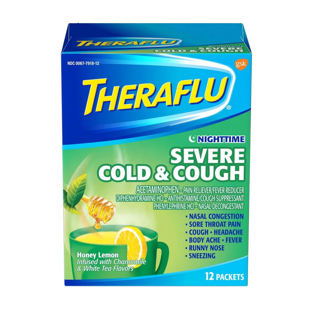 Theraflu Nighttime Severe Cold & Cough Relief Powder - Acetaminophen - Honey Lemon with Chamomile & White - 12ct