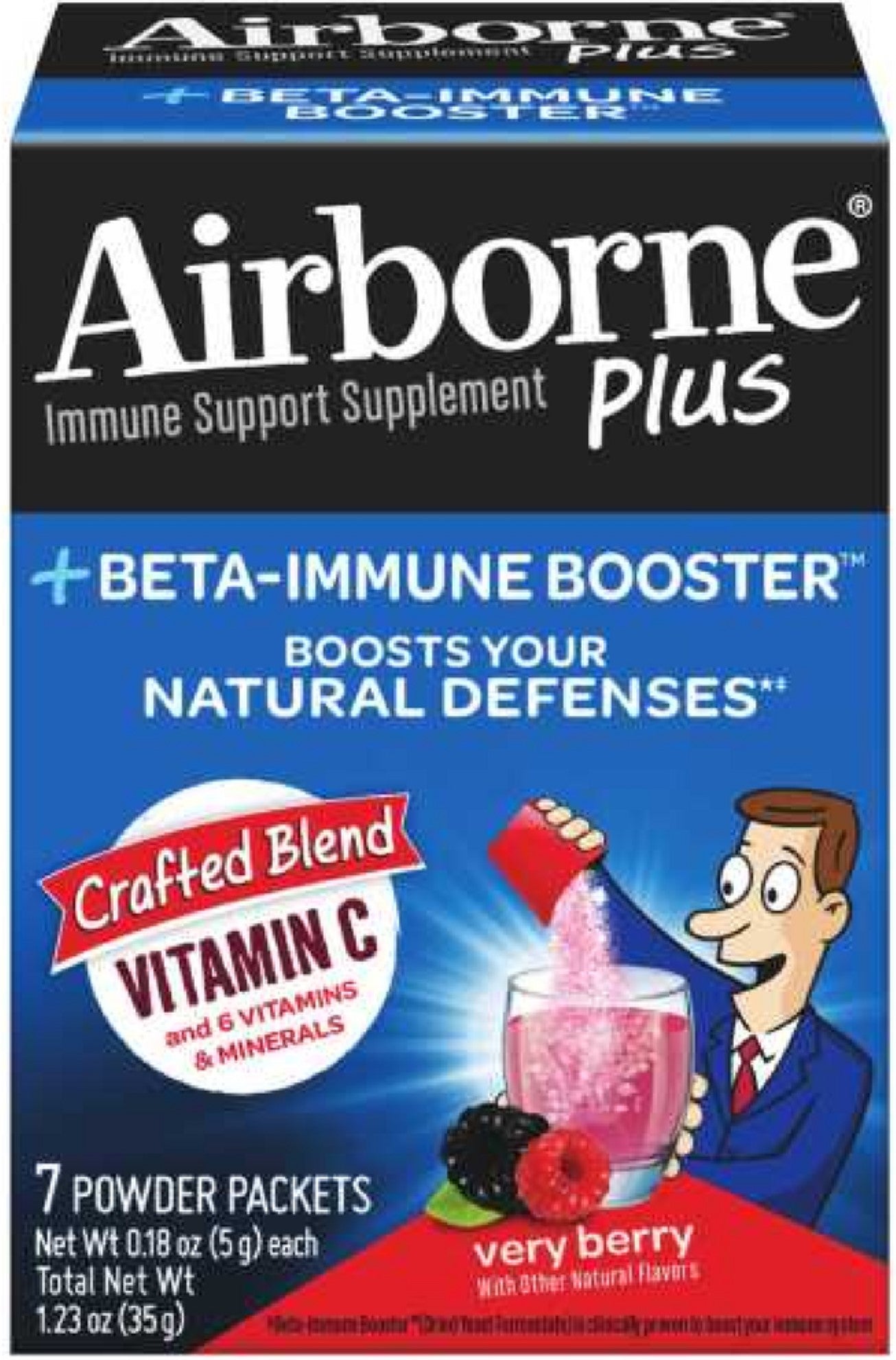 Airborne Plus Beta-Immune Booster Powder Packets, Very Berry, 7 Count per Pack, 1.23 Ounce