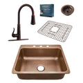 SINKOLOGY Rosa All-in-One Drop-in Copper 25 in. 3-Hole Single Bowl Copper Kitchen Sink with Pfister Bronze Faucet and Strainer, Antique Copper