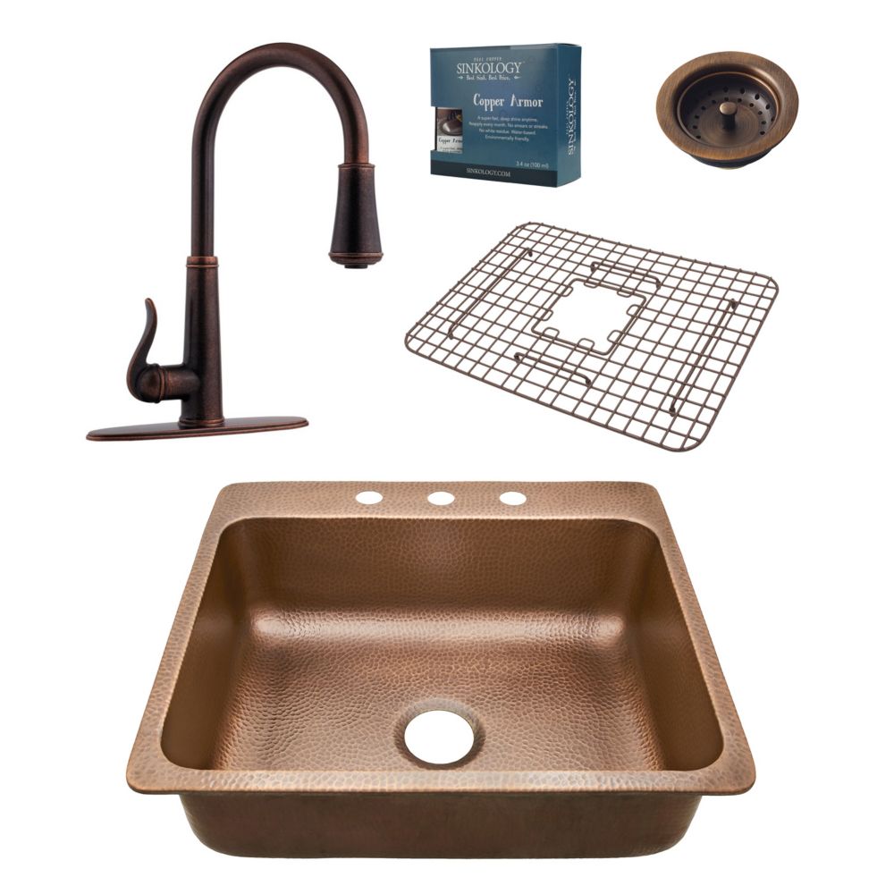 SINKOLOGY Rosa All-in-One Drop-in Copper 25 in. 3-Hole Single Bowl Copper Kitchen Sink with Pfister Bronze Faucet and Strainer, Antique Copper