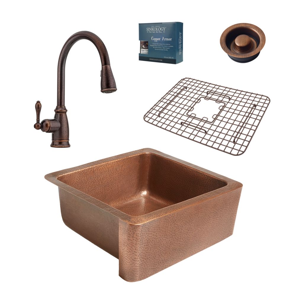 SINKOLOGY Monet All-in-One Farmhouse 25 in. Single Bowl Copper Kitchen Sink with Pfister Rustic Bronze Faucet and Disposal Drain, Antique Copper