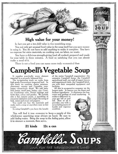 Ad CampbellS Soup 1918 Namerican Advertisement for CampbellS Vegetable Soup Illustration 1918 Poster Print by (18 X 24)