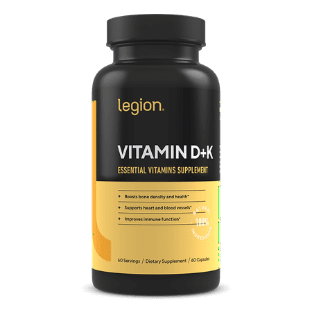 Legion Athletics Vitamin D+K Supplement  Vitamin D3  K1 & K2 MK-7  Bone  Immune & Heart Support  60 Veggie Capsules