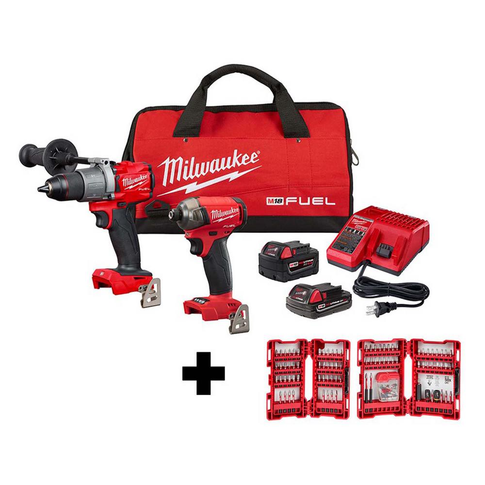 Milwaukee M18 FUEL 18-Volt Lithium-Ion Brushless Cordless Surge Impact Driver/Hammer Drill Combo Kit with SHOCKWAVE Bit Set