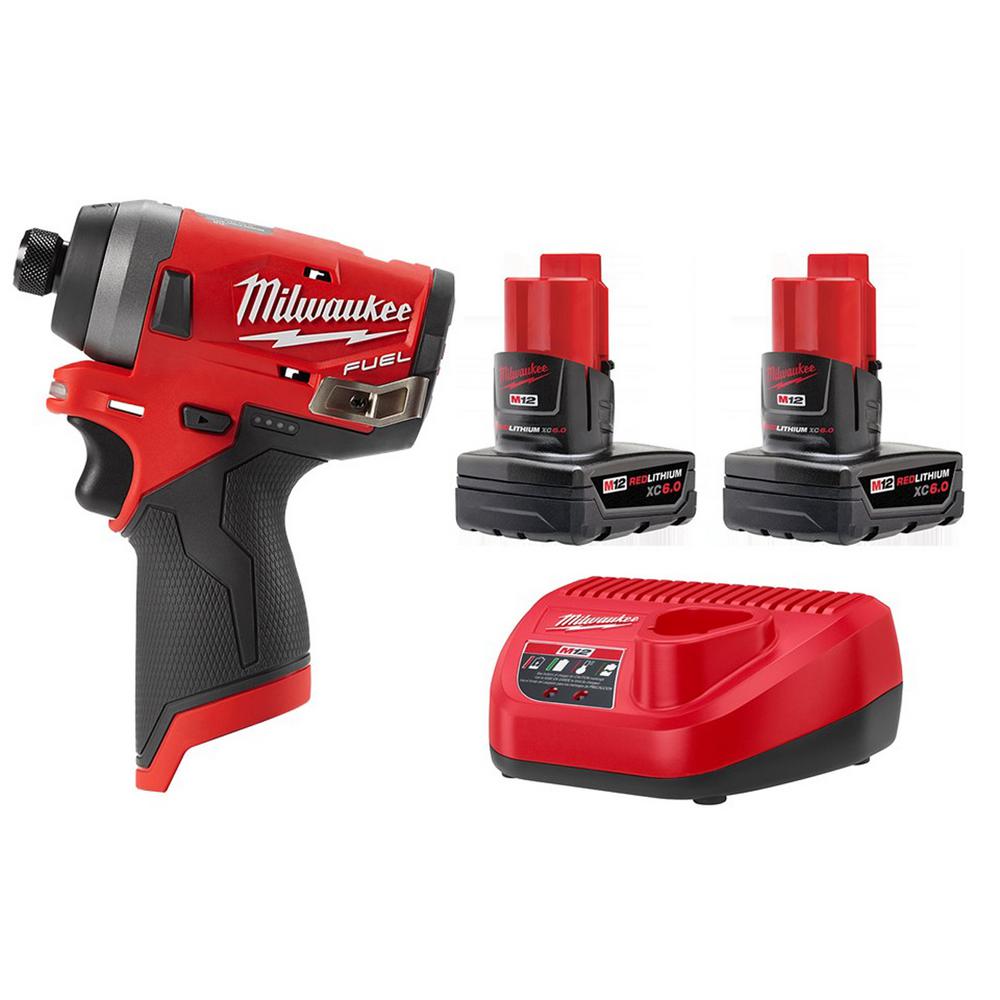 Milwaukee M12 FUEL 12-Volt Lithium-Ion Brushless Cordless 1/4 in. Hex Impact Driver with Two M12 6.0 Ah Battery Packs and Charger