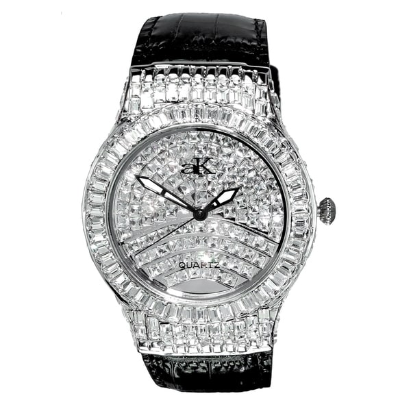 Adee Kaye Mens Crystal & Leather Watch-Silver Tone